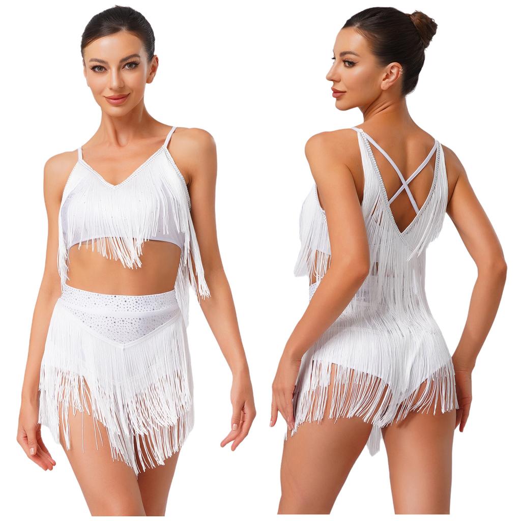 Costume da Danza Latina da Donna S-XXL: Top con Scollo a V Senza Maniche Incrociato sulla Schiena e Frange & Gonna a Strati con Nappe per Gara