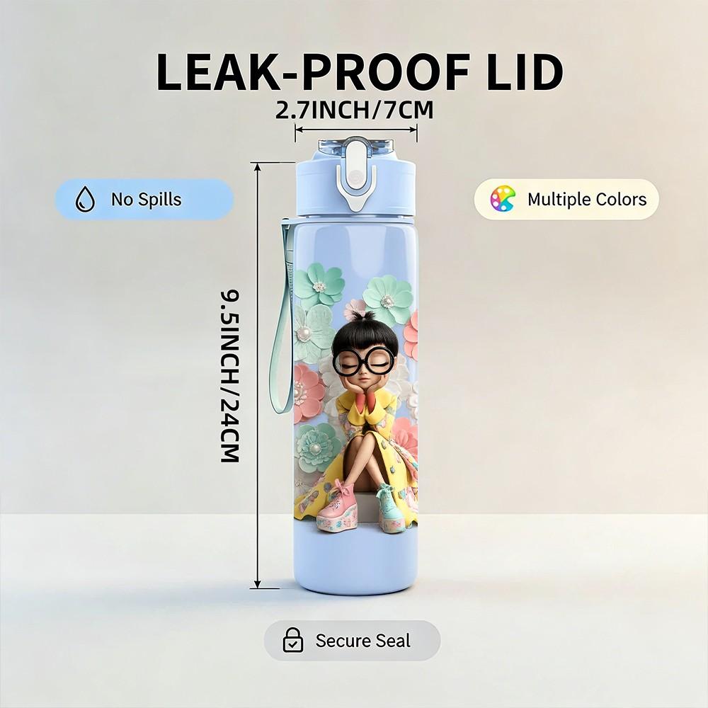 1PC Little Girl Prayer Floral Surround Print 750ml Color Plastic Sports Water Bottle Leakproof Flip Straw Lid Suitable for Sports Office Home Use