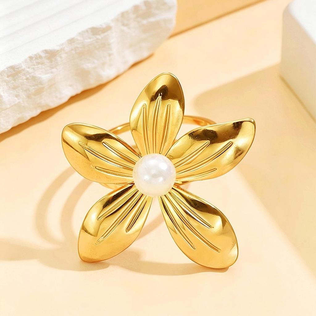 18K Gold Plated Stainless Steel Pearl & Leaf Open Ring for Women