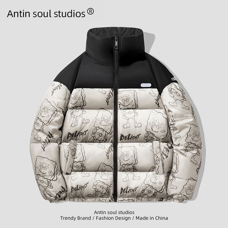 

Medm Beprp Fashion Graffiti down Jacket for Men, Couple Style Duck down Coat, Trendy Brand Thick Cold-Proof Short Jacket Yr9990-60 Velvet [Khaki] L