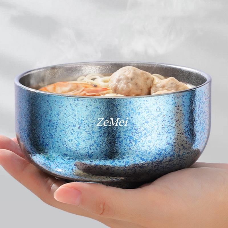 1Pcs Pure Titanium Double-Layer Bowl,Outdoors Heat-Resistant Home Rice Bowl Food Tableware,11.5 cm Insulated Plate Kitchenware