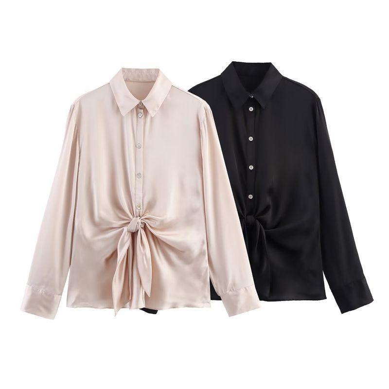 Kaslead New Women clothes Western Style Fashion Knot Silk Satin Texture Shirts 8653335