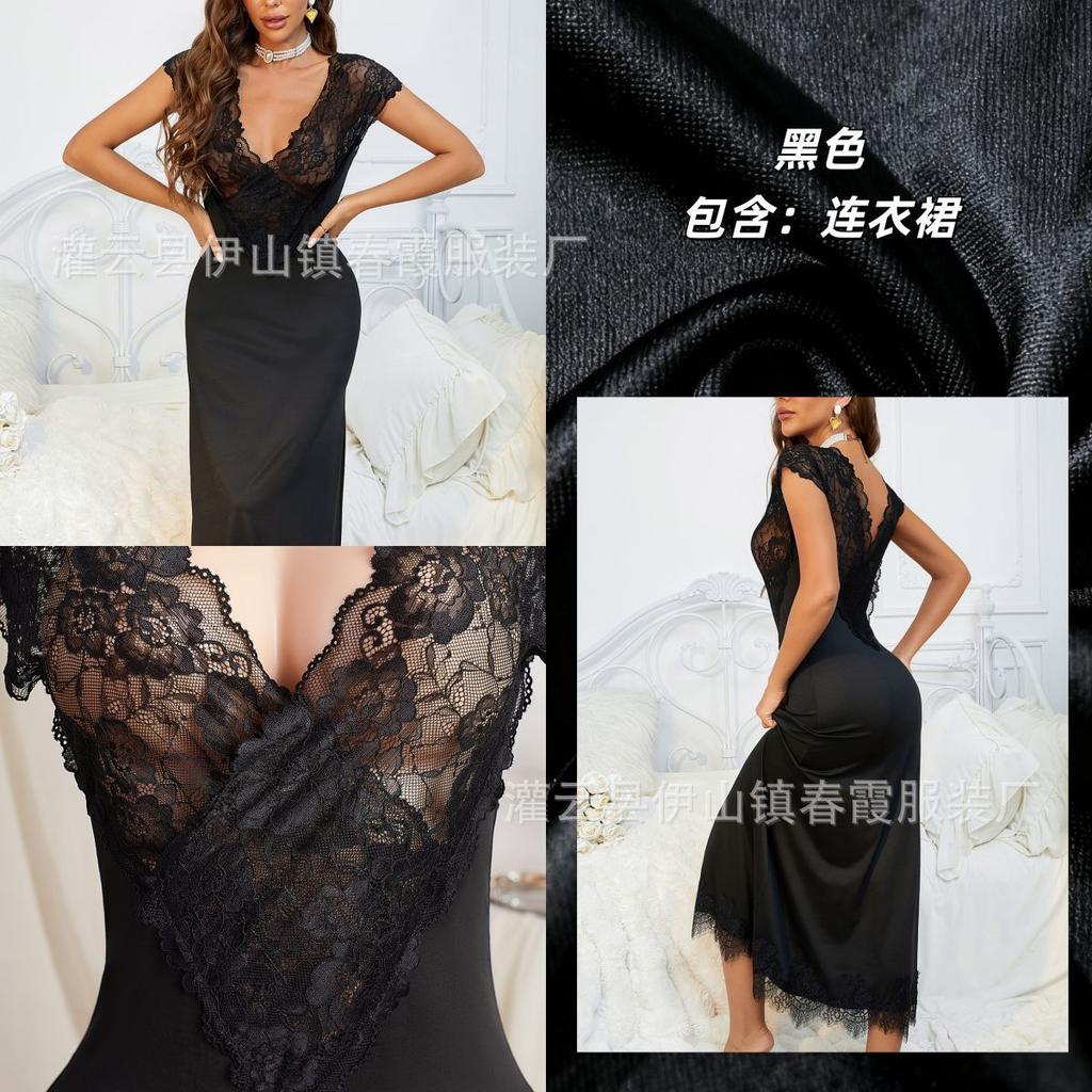 Reiner Verlangen Stil Langes Nachthemd Damen Sexy V-Ausschnitt Spitze Kurzarm Geschlitzt Pyjama Loungewear