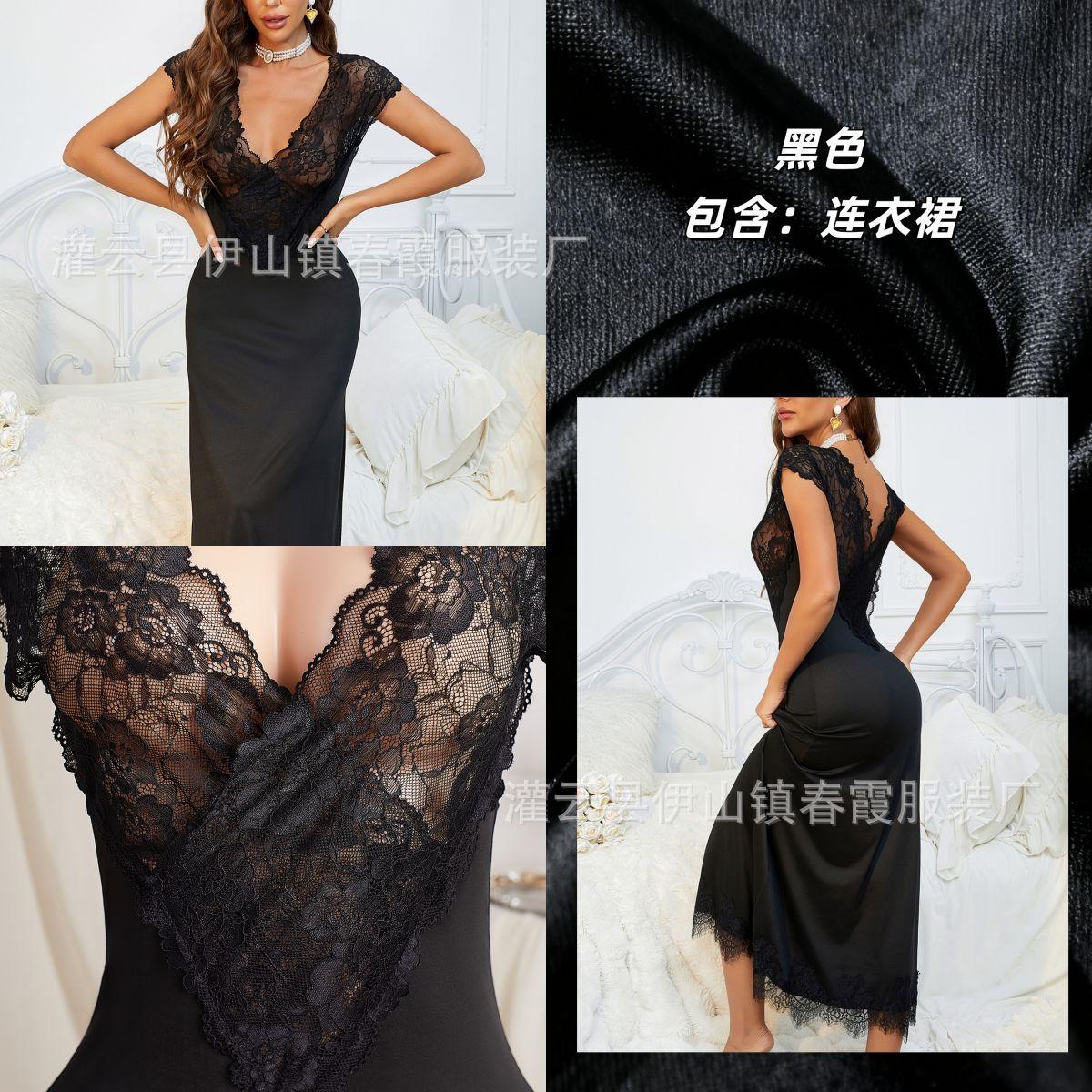 Pure verlangens stijl lange nachtjapon vrouwelijk sexy V-hals kant korte mouw split pyjama loungewear M zwart