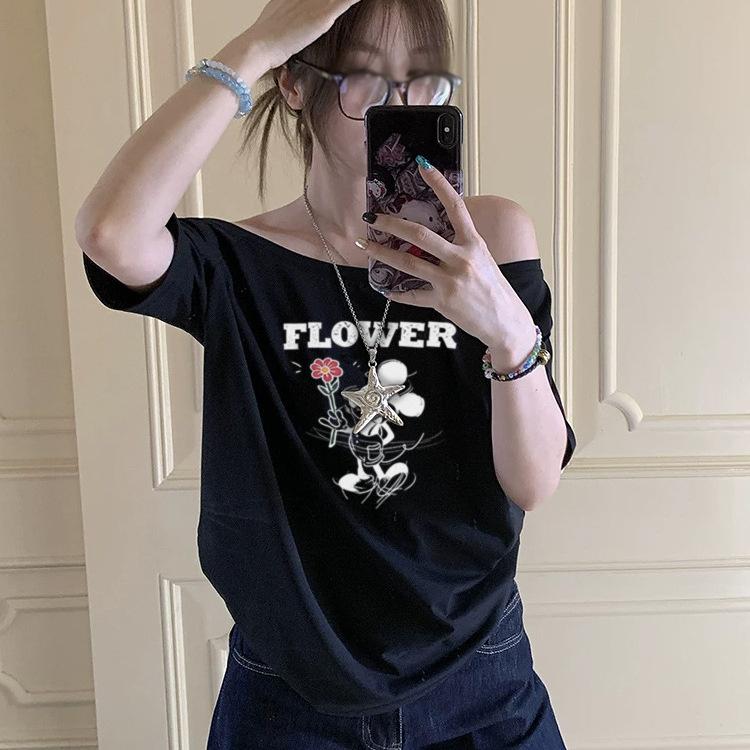 White Slanted Shoulder Off-shoulder Short-sleeved T-shirt Women's Summer New American Cartoon Mickey Print Casual Loose Top