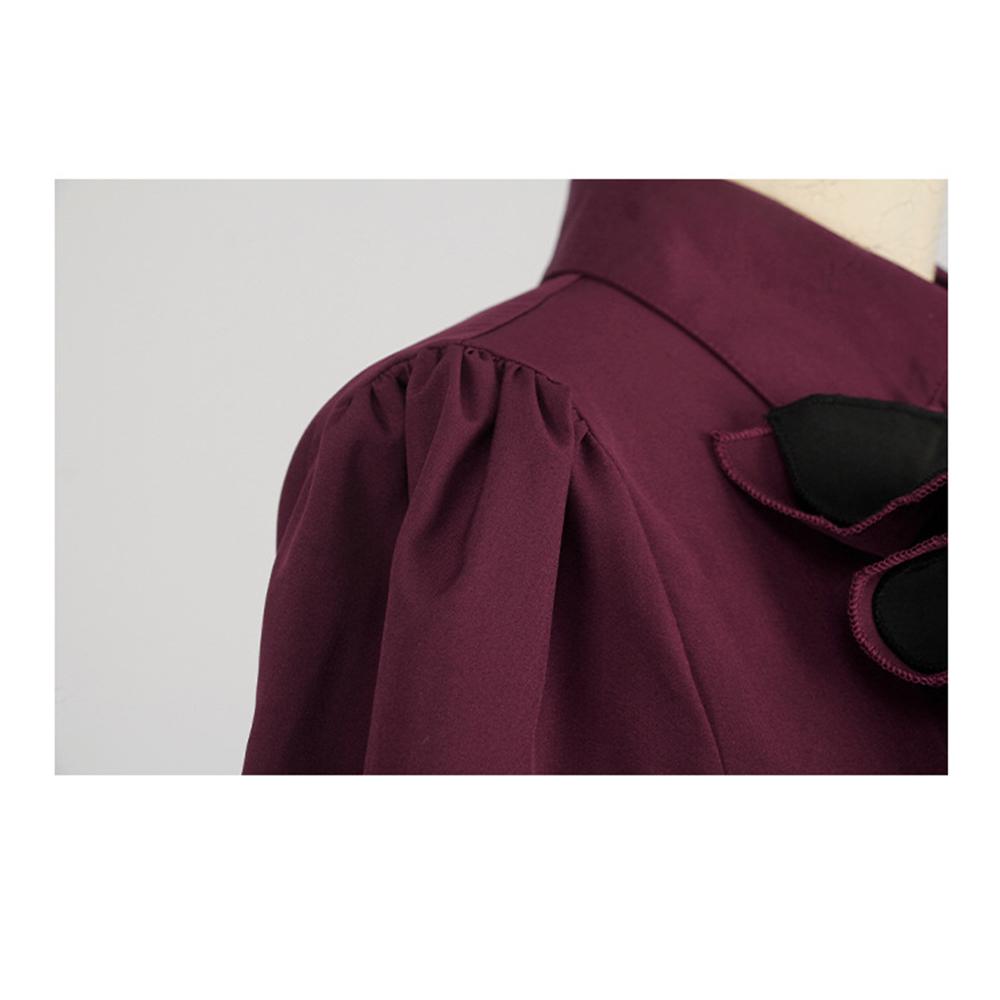 Long Sleeves Polyester Ruffle Dress with Bows, Women's Black and Red Gothic Dress for Women