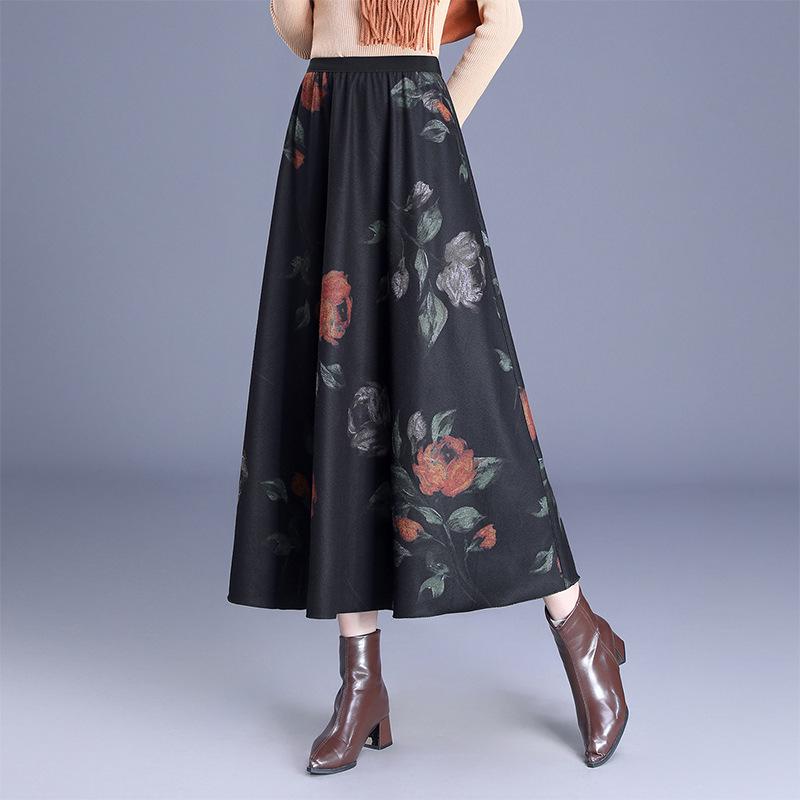 2026 New Style High-Waisted Wool Blend Reversible Velvet A-Line Mid-Length Skirt with Print