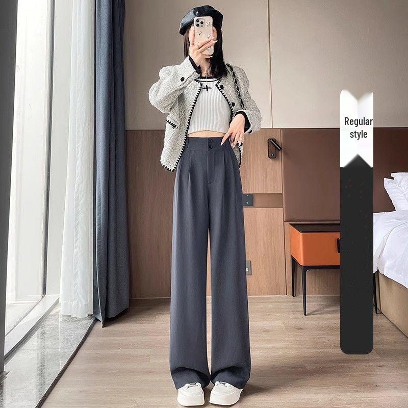 

High-end Fleece-Lined Black Wide-Leg Suit Pants for Petite Women - Autumn/Winter, Straight, Floor-Length, Loose Fit, Good Drape. S (80-95 kg)