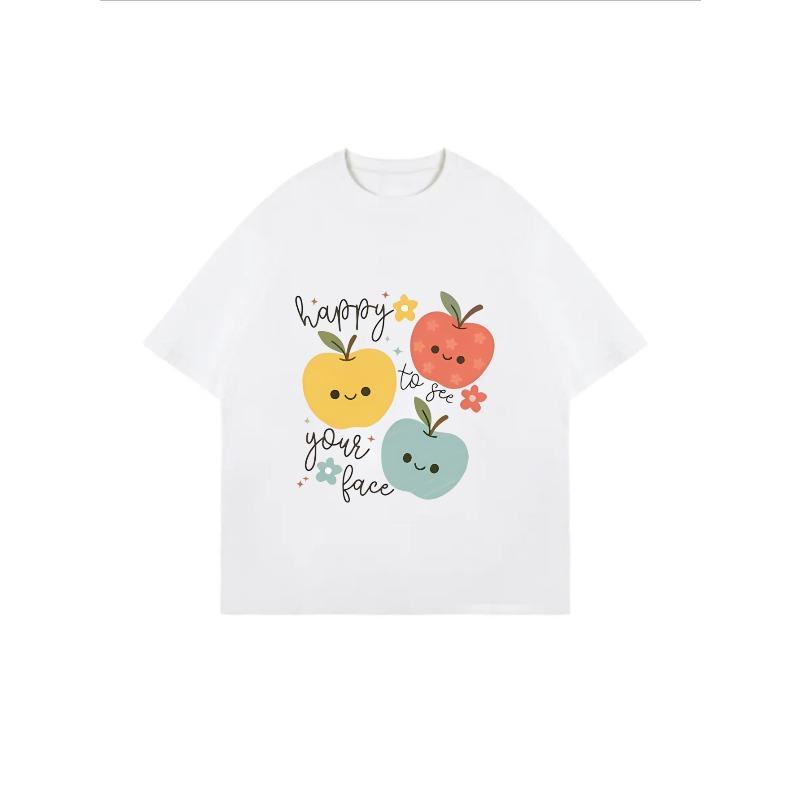 Cute Apple Print T Shirt White Happy To See Your Face Graphic Design For Casual Wear And Everyday Outfits