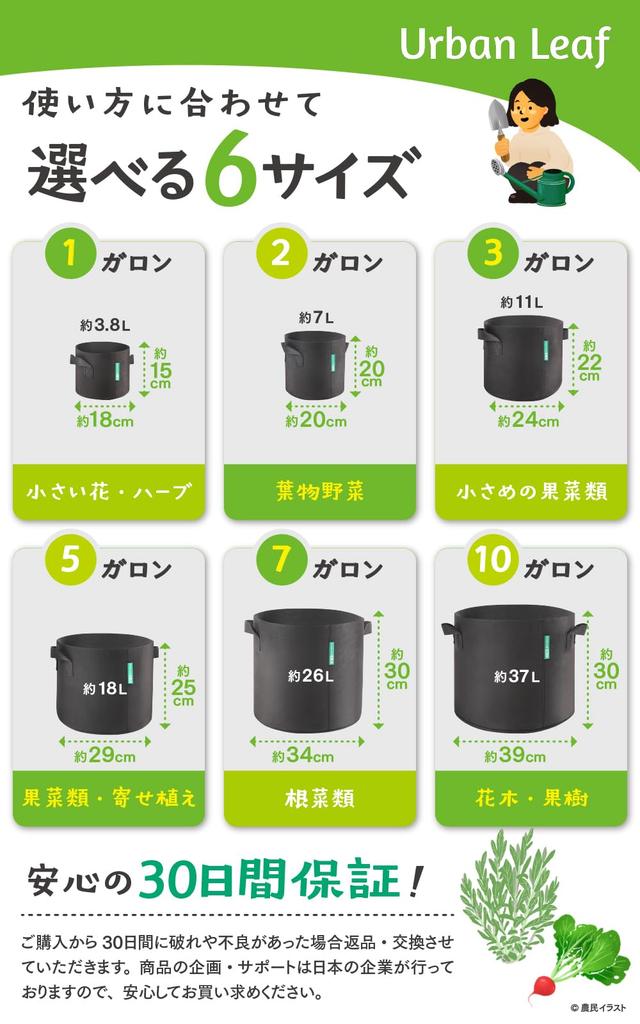 Urban Leaf Nonwoven 5 Set of 10 Wide x 25cm Thick Planter, Gallon, (29cm High), Fabric, Double-Stitched