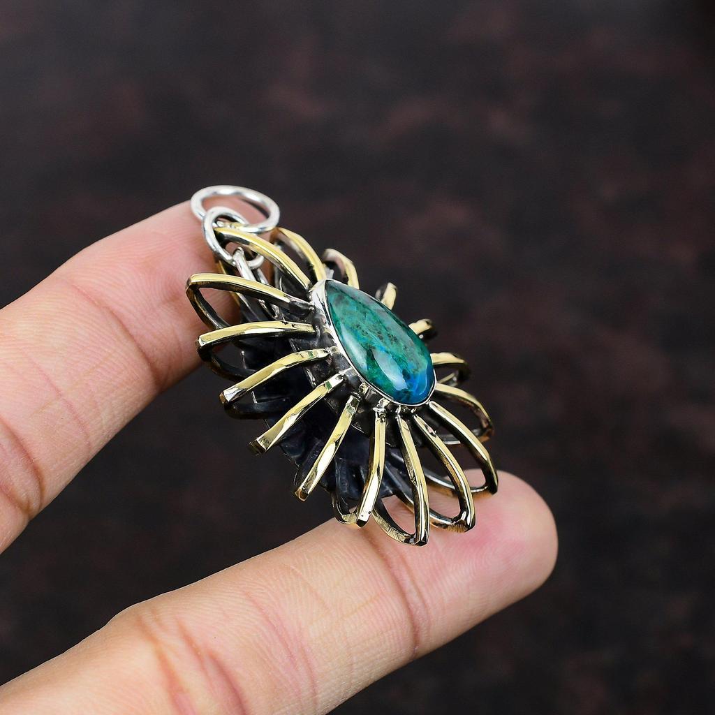 Chrysocolla Pendant Natural Gemstone Jewelry 925 Sterling Silver Pendant Handmade Pendant Cage Jewelry 18K Gold Plated Pendant Gift For Wife