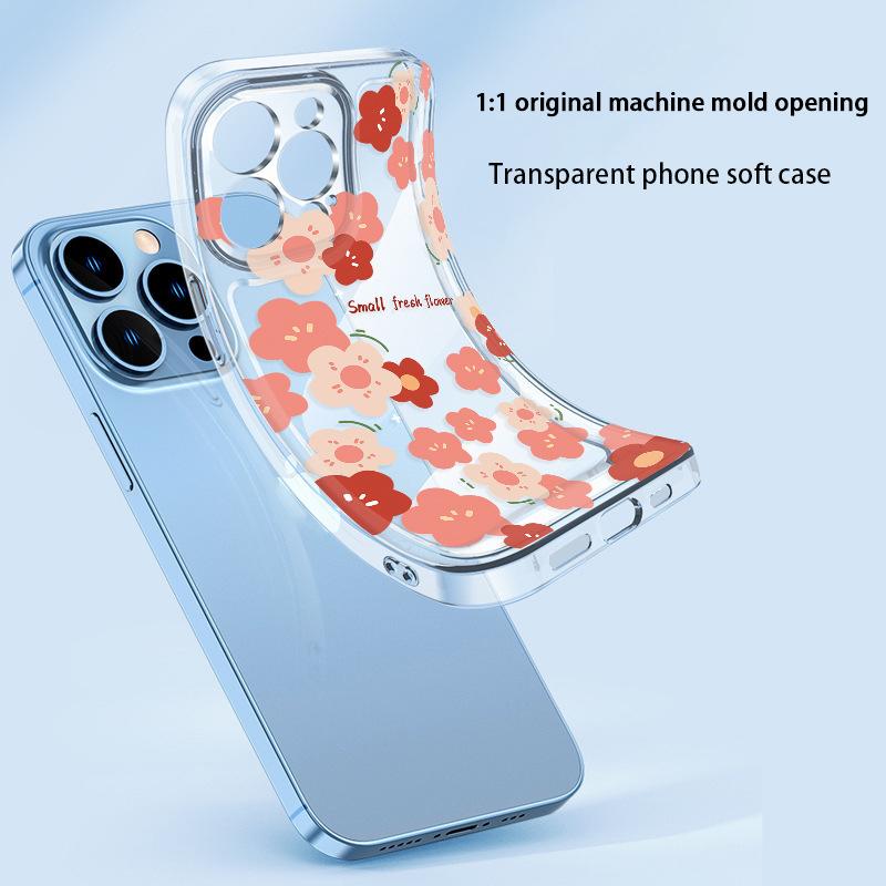 Summer mobile phone case iPhone15 red pink small floral transparent ultra-thin TPU soft case Apple 17p mobile phone case
