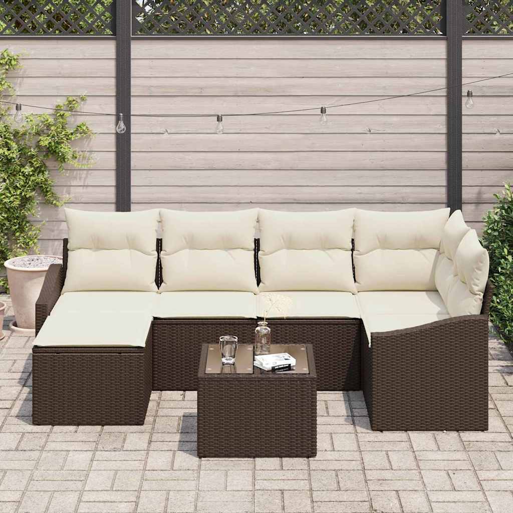 7 Piece Brown Poly Rattan Sofa Set with Cushions