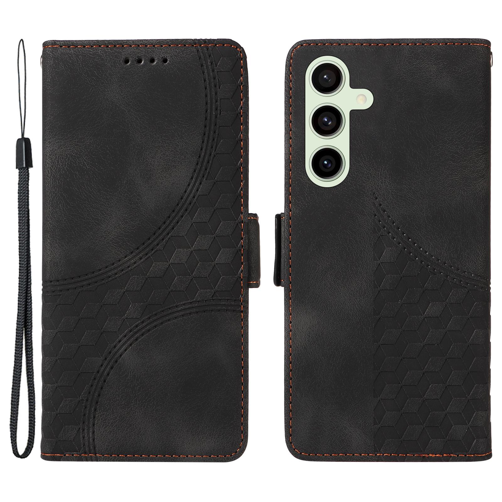 

For Samsung Galaxy S24 FE Leather Cases Wallet Rhombus Imprinted Phone Cover Stand with Strap Black
