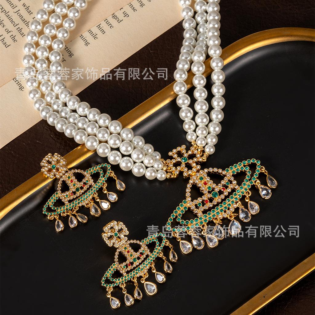 Cross Border Medieval Style Saturn Pearl Necklace Queen Dowager Vivian Waterdrop Tassel Vintage Earrings