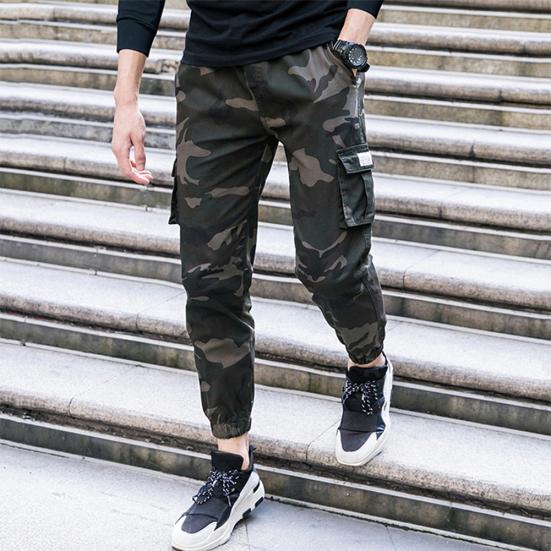 Camo Men Thin Multi-Pocket Ankle Tie Elastic Waist Straight Cargo Pants Trousers