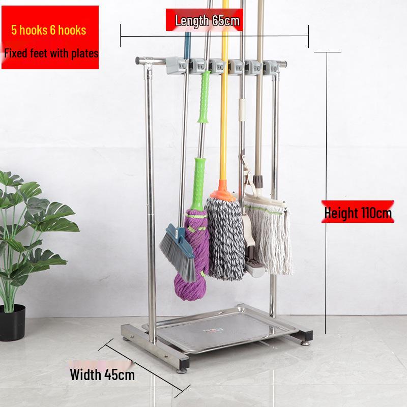 Stainless Steel Floor-standing Mop and Broom Rack with Balcony Storage