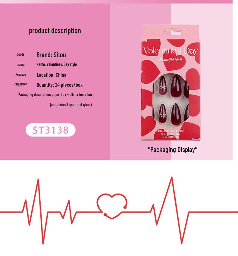 3D Heart Glitter Valentine's Day Almond Nails