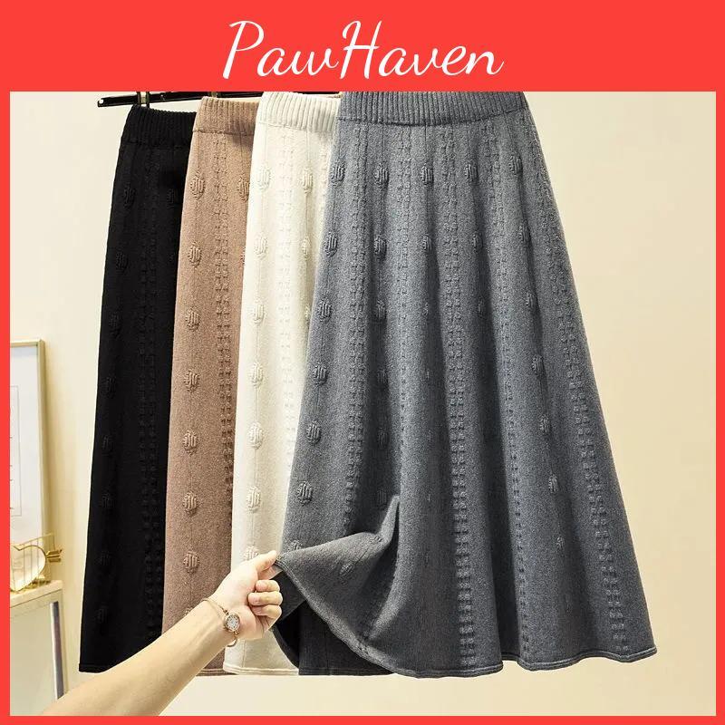 Skirts Knitting Autumn Winter Long Women Elegant Solid Color High Waist Skirt Woman Chic Elastic Soft Midi Skirts Ladies