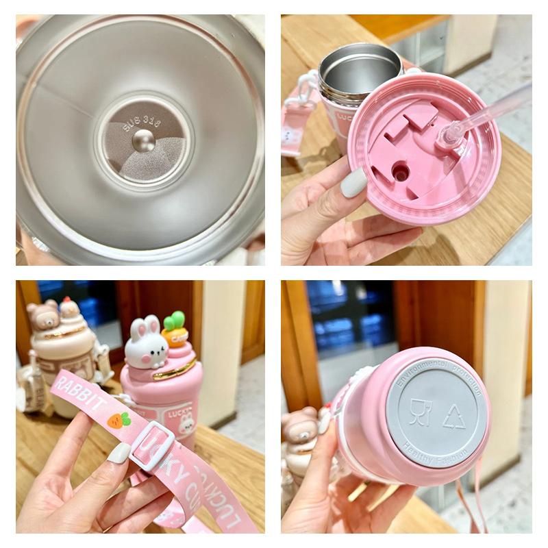 Cute Rabbit Bear Thermos Double Drinking Straw Tumbler Water Bottles For Boys and Girls Portable Children's Drinking Water Cup