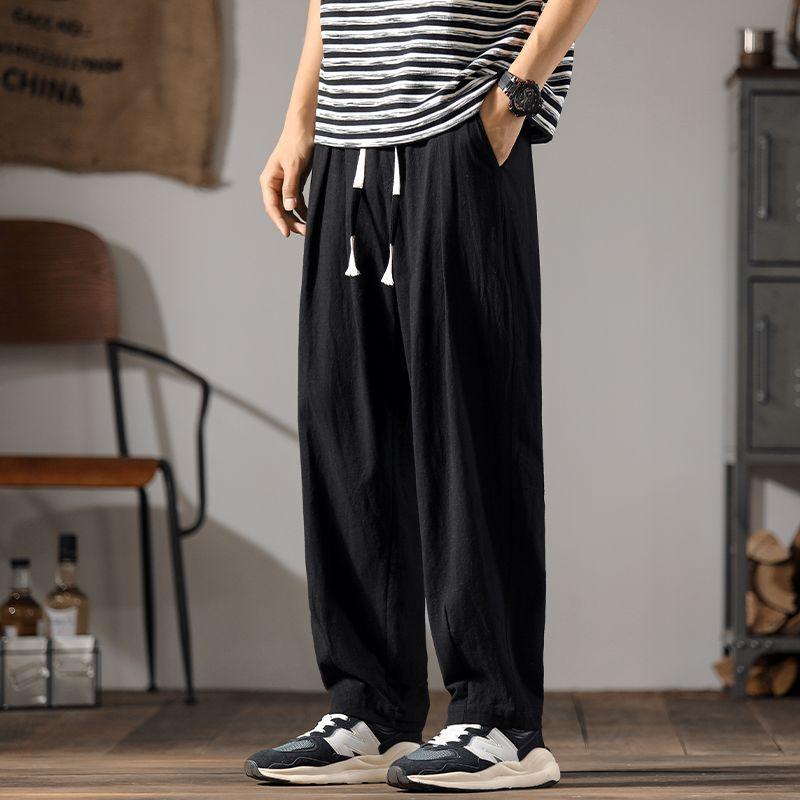 

Летние мужские хлопковые льняные брюки, прямые повседневные спортивные брюки из ледяного шелка, мужские широкие льняные брюки большого размера S чёрный