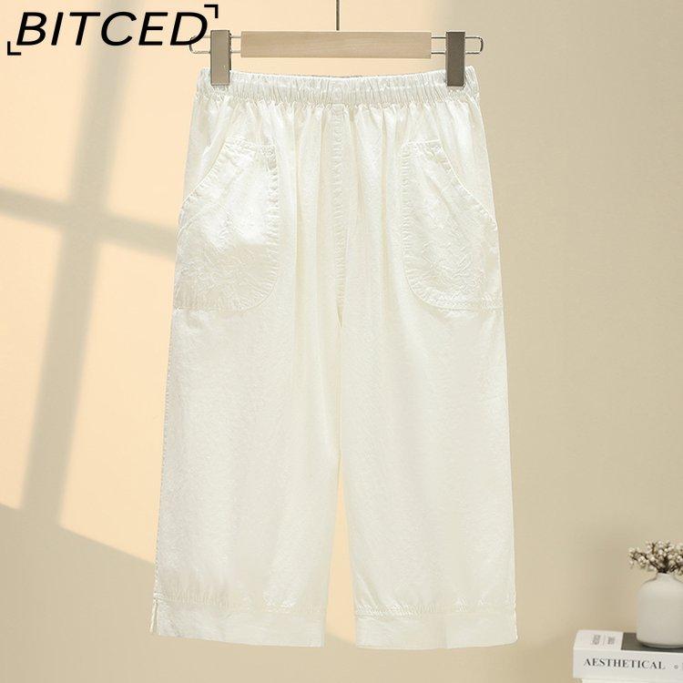BITCED Summer Women Elastic Waist Straight Trousers Middle Age Older Women High Waist Straight Pants Washed Cotton Cropped Plus Size Pants