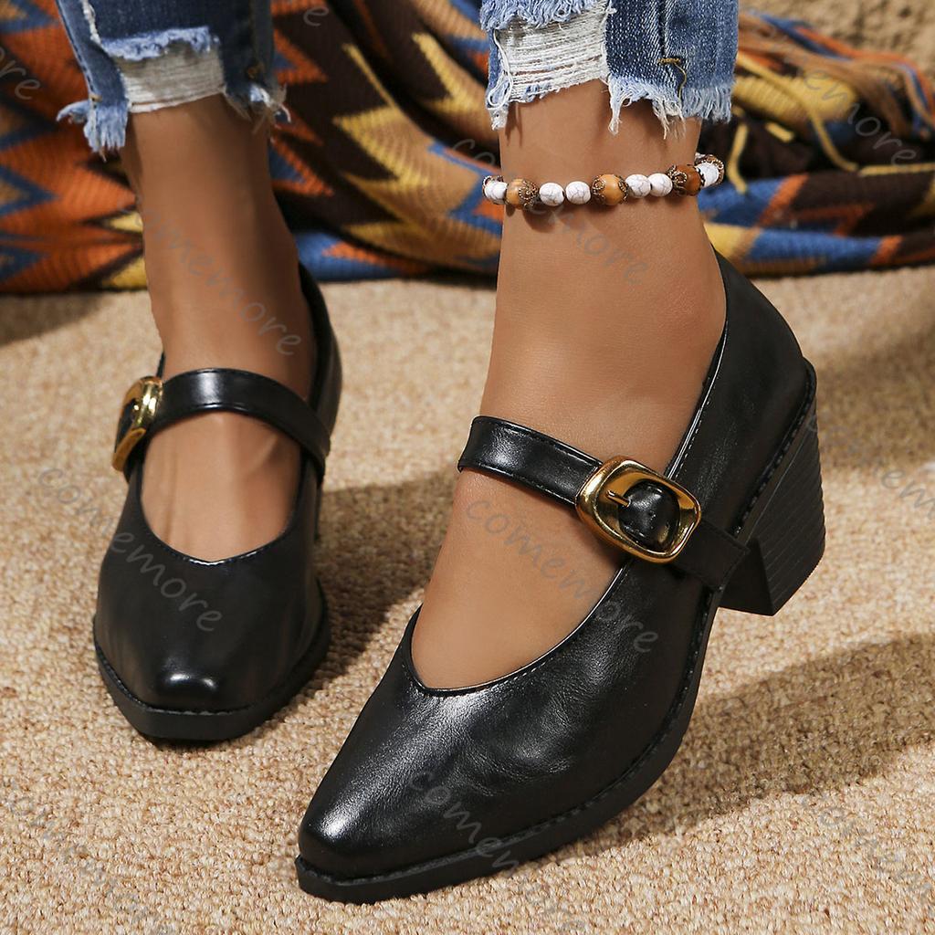 Fashion Comemore Retro High-heeled Women's Shoes Autumn Thick Heel British Style Pointed Head Professional Single Shoes Female Pumps