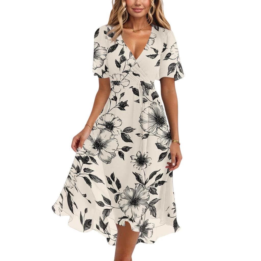 Women Casual V Neck Short Sleeve Floral Print Dress Midi Length Wrap Style Summer Dress for Daily Wear