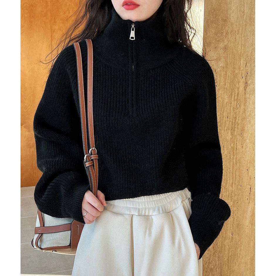 2025 Autumn/Winter Half-Zip High Neck Loose Knit Cardigan Sweater