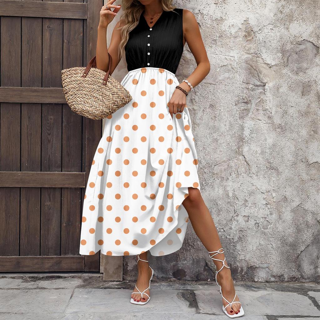 Dámské ležérní a módní šaty střední délky bez rukávů s potiskem a výstřihem do V