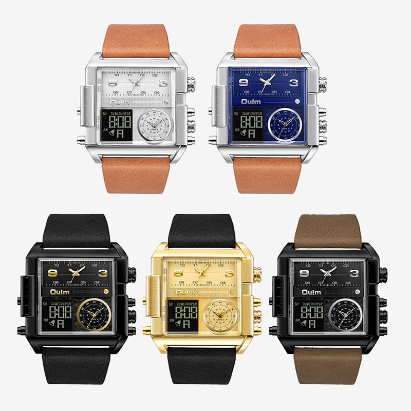 Oulm Men's Square Dial Waterproof Sport Watch with Multifunctional Features and Gold Leather Strap