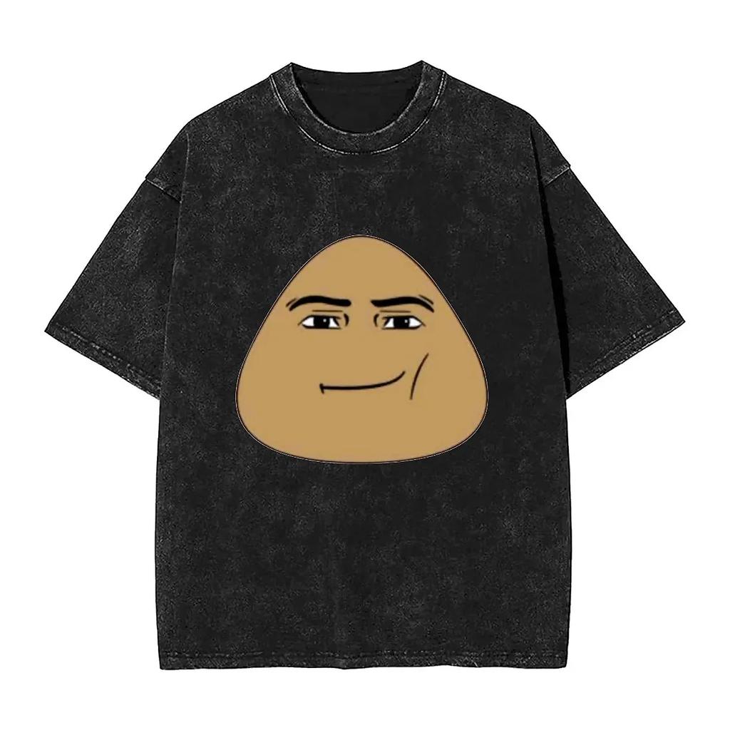 Pou Meme Washed T-Shirt Men Women Video Gmae Y2K Retro Simple T-Shirts O Neck Kawaii Tees Custom Logo Oversized Tops