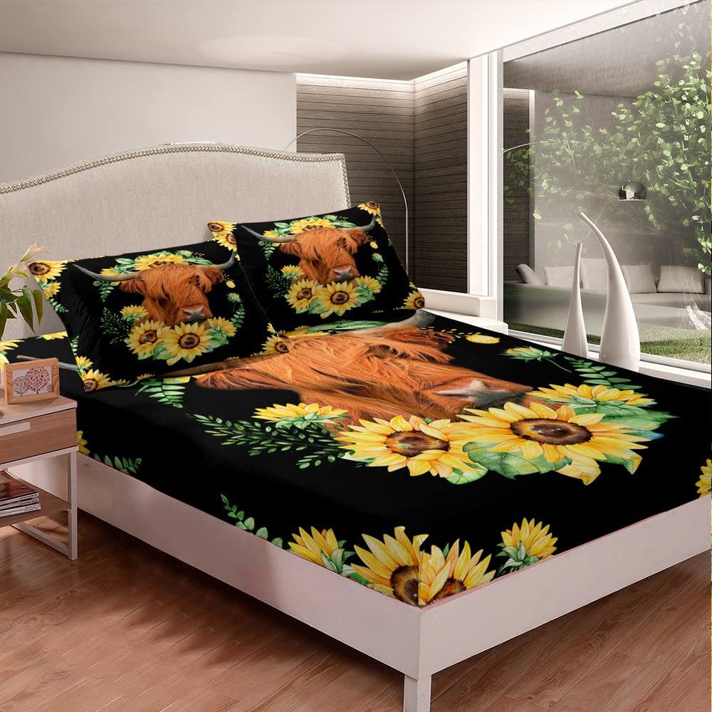Highland Cow Fitted Sheet,Bull Cattle Bedding Set Yellow Sunflower Print Fitted Bed Sheets Western Farmhouse Theme Cow Bed Decor