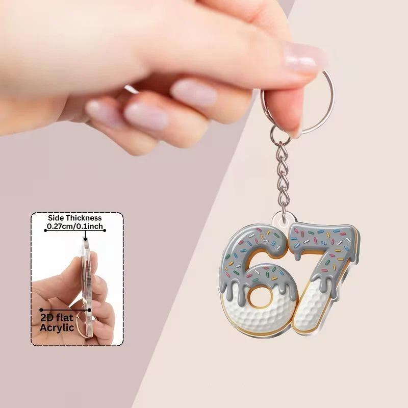 2D Flat Acrylic Keychain Cute Blue Icing Donut 67 Badminton Pattern Non-Fading Key Decor for Backpack Pendant