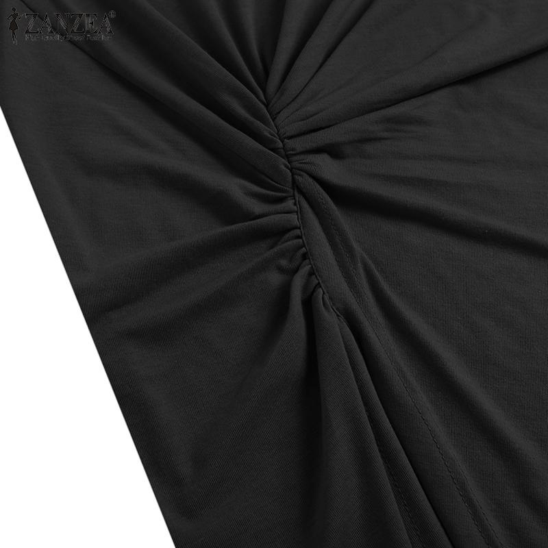 ZANZEA Damen Casual Langarm O-Ausschnitt Einfarbig Vorderschlitz Langes T-Shirt