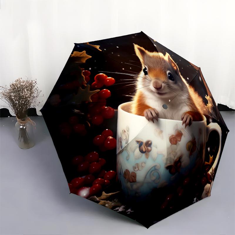 1 PC Automatic Folding Umbrella - Squirrel and Hedgehog Pattern, Portable & Foldable Design with 8 Ribs, Christmas Birthday Gifts