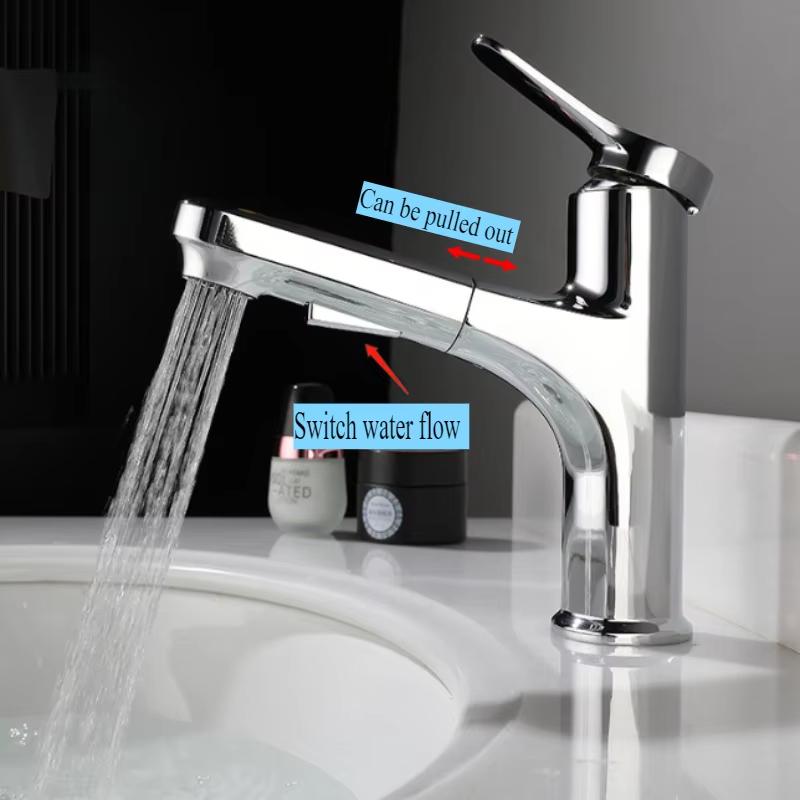 

2025 new bathroom pull-out hot and cold water faucet, gray/black faucet with two water flow modes G1/2 серебряный