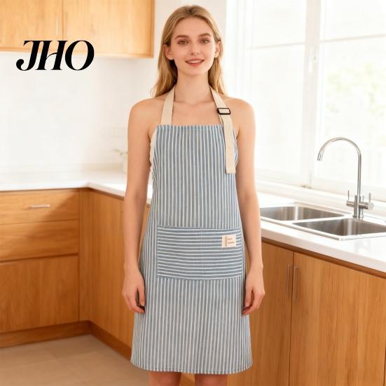 Waterproof Kitchen Apron Cotton Linen Striped with Pocket Breathable Oil-proof Pockets Adjustable Men Women Chef Cooking Baking Sleeveless Bib