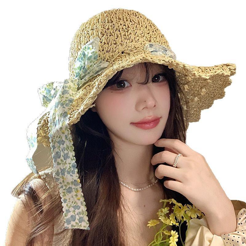 Floral Bow Woven Straw Hat Women'S Summer French Hollow Sunshade Sunscreen Hat Seaside Beach Vacation Sun Hat