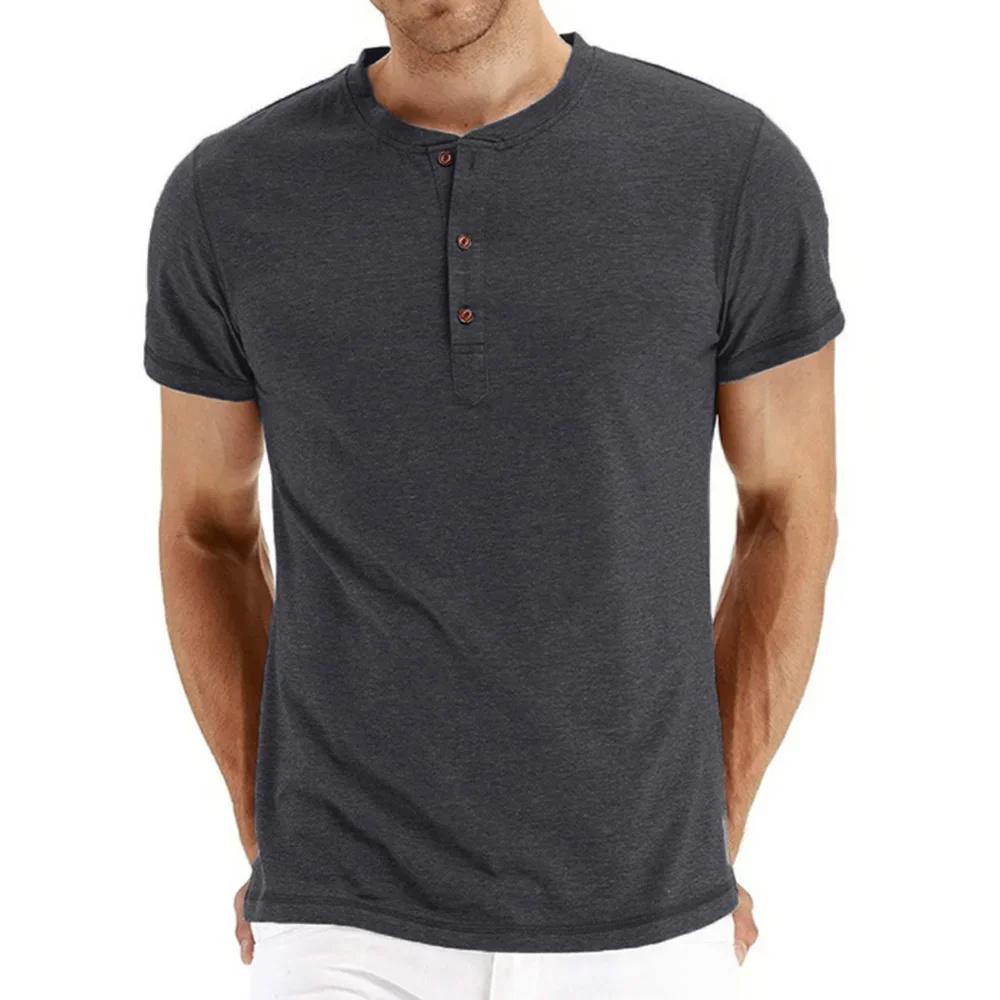 New Men T-shirt Henry Neck Fashion Design Slim Fit Solid T-shirts Male Tops Tees Short Sleeve T Shirt For Men