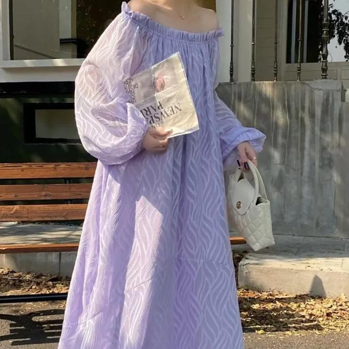 Spring Pink Dress Women Off Shoulder Fashion Long Sleeve Ladies Dresses Korean Style Loose Pleated Ruffle Woman Long Dress