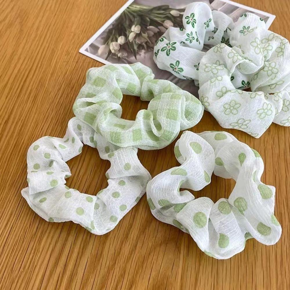 5pcs Cute Korean Preppy Hair for Women Girls Scrunchie Set Green Blue Series Floral Simple Print Pack