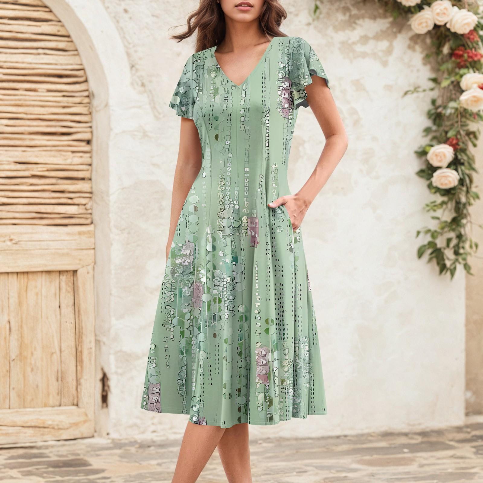 

Women s Summer Fashion V-Neck Ruffle Sleeve Retro Elegant Midi Dress S зелений