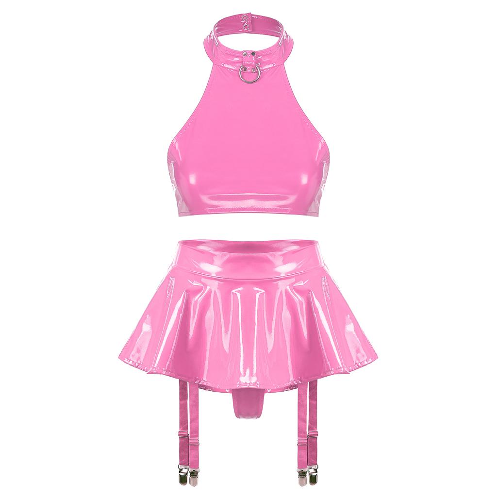Womens Patent Leather Lingerie Set O-Ring Halter Backless Crop Top Built-in Thong Ruffle Miniskirt