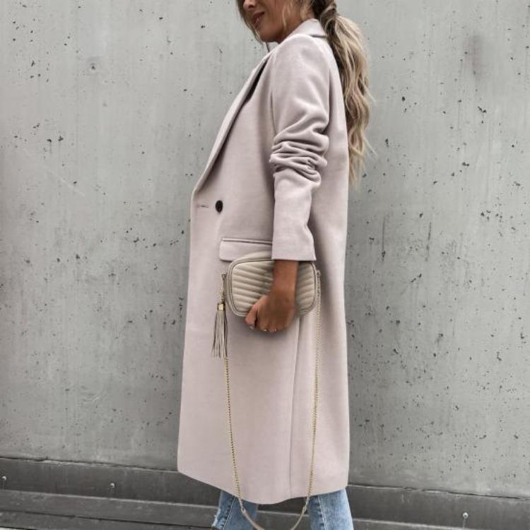 Elegant Long Blazer Suit for Women Office Winter Overcoat Button Placket Long Sleeve All Match Collar