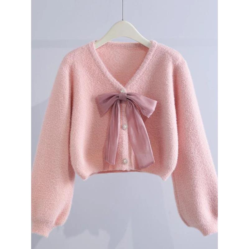 

Жіночі светри Жіноча куртка-светр Новинка з вільним бантом, в’язаний модний повсякденний мило-рожевий кардиган L рожевий