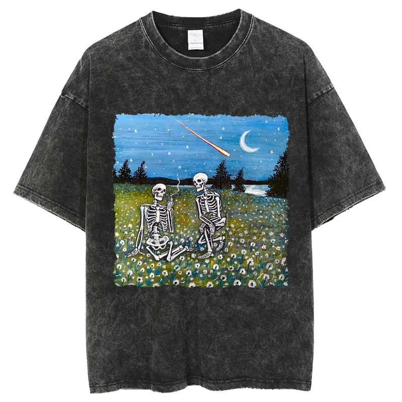 Sommar T-shirt Dödskalle Ställ Tryck Tvättad Oversized Kortärmad Casual Retro Outfit Y2K Damkläder