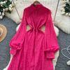 French Court Style Dress Women's Autumn High-end Single-breasted Waist and Thin Temperament Lace Long Dresses