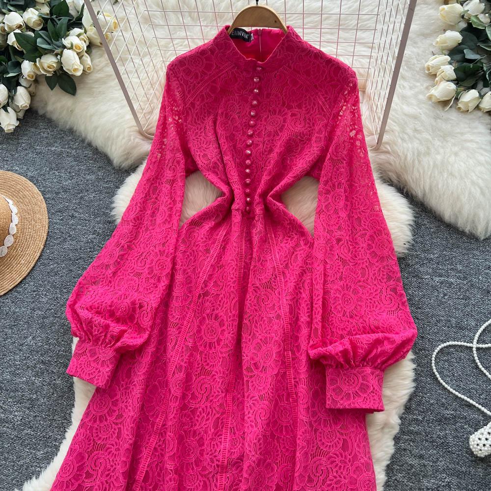 French Court Style Dress Women's Autumn High-end Single-breasted Waist and Thin Temperament Lace Long Dresses