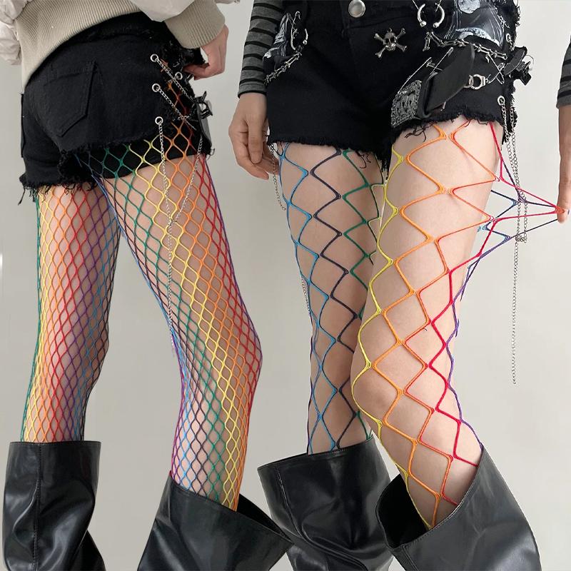 New Color Gradient Fashion Fishnet Stockings Subculture Women Summer Y2K Tights Large Medium Mesh Sweet Hollow Slim Pantyhose